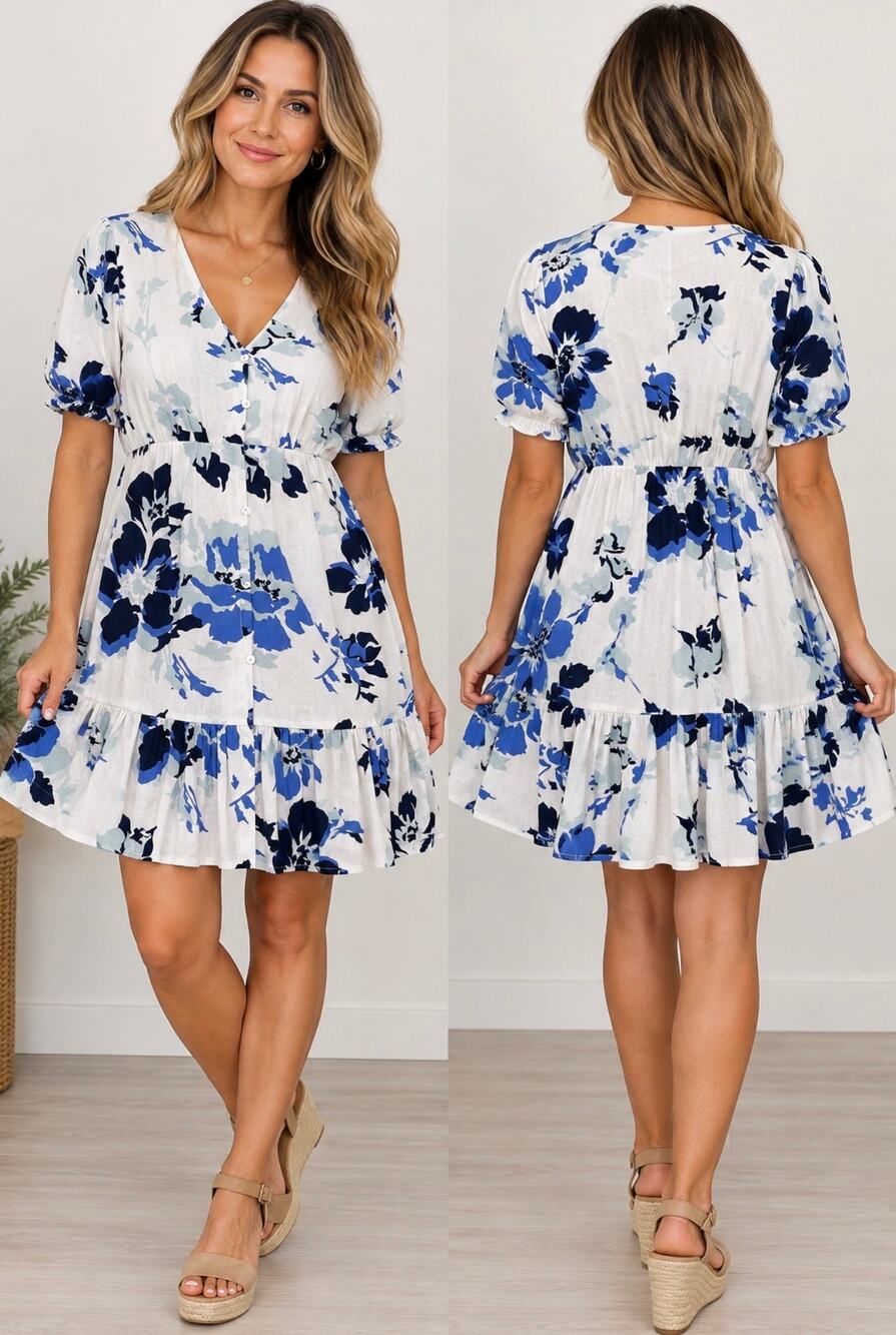 Ellen Tracy Small Azure Bouquet Floral Button Front Tiered Dress NWT